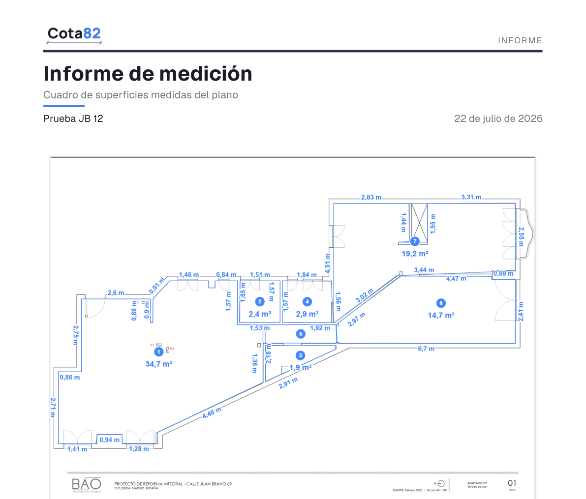 Ejemplo real del informe que recibes: cabecera Cota82, plano acotado y cuadro de superficies.